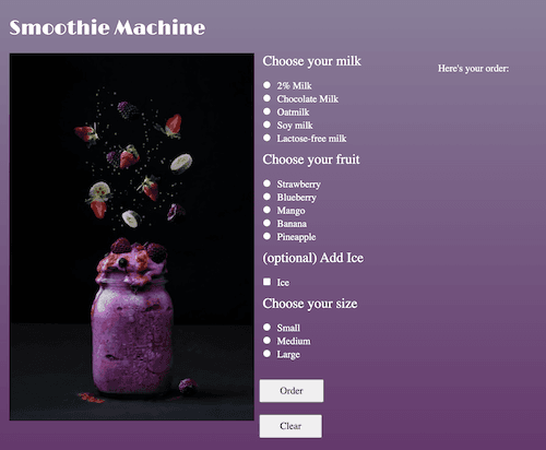 screenshot of the smoothie machine web-app